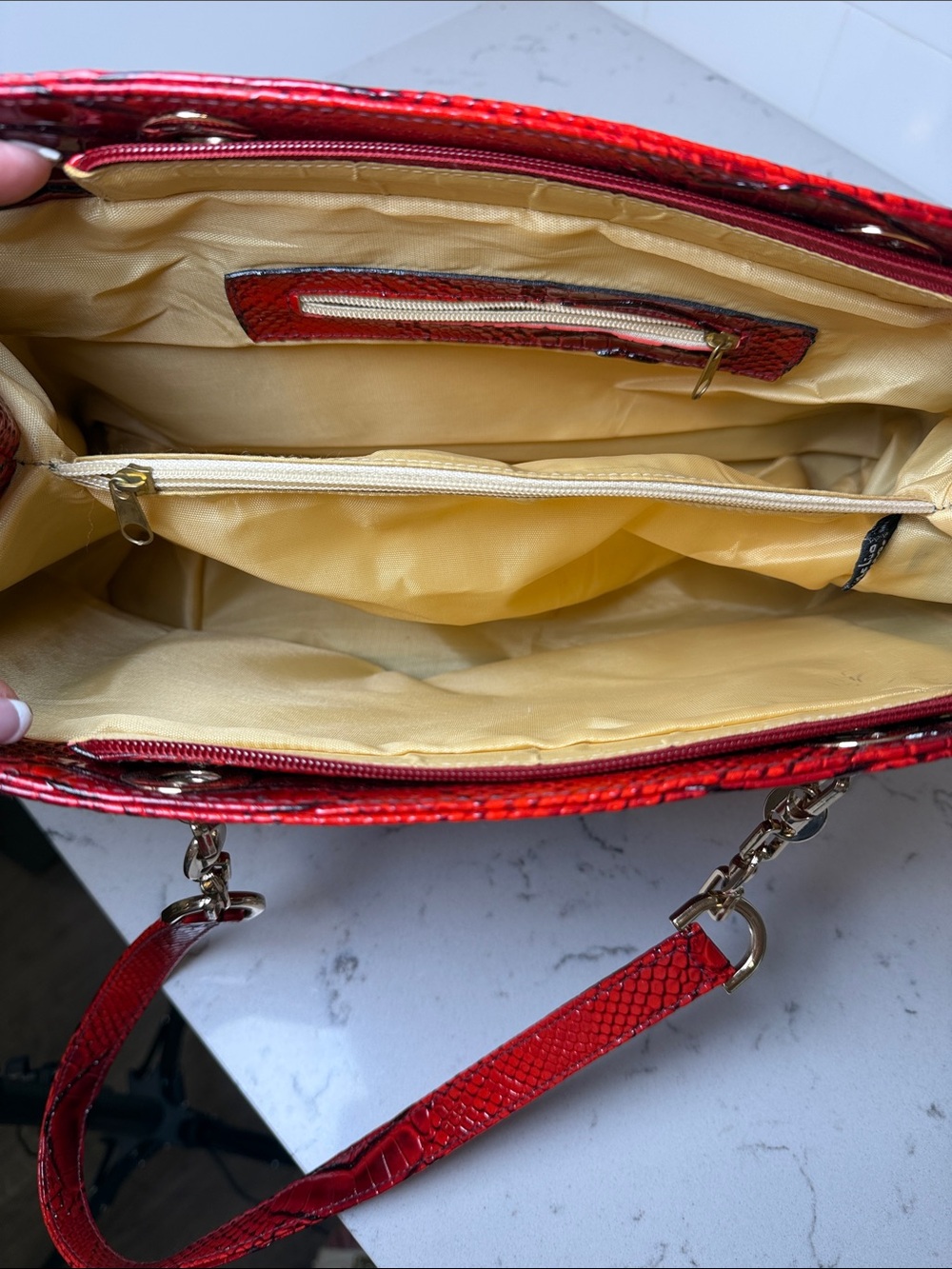 Red Snake-Embossed Shoulder Tote with Gold Hardware - Picture 8 of 14